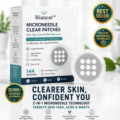 Biancat®2-in-1 Microneedle & Hydrocolloid Patch🍀| Removes Raised Moles, Acne, Flat Warts & Skin Tags | Helps Improve Wrinkles, Scars & Blemishes | Invisible Patches for Face & Body