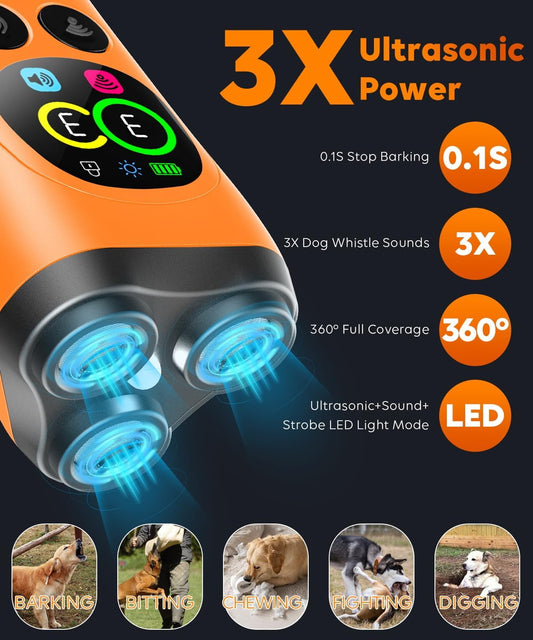 Dog Bark Deterrent Device,3X Ultrasonic Anti Barking with Color LCD Screen,7 Training Modes 35 FT Range Correct Bad Behavior Indoors Outdoors,Safe & Humane Rechargeable Bark Control for Dogs-Orange