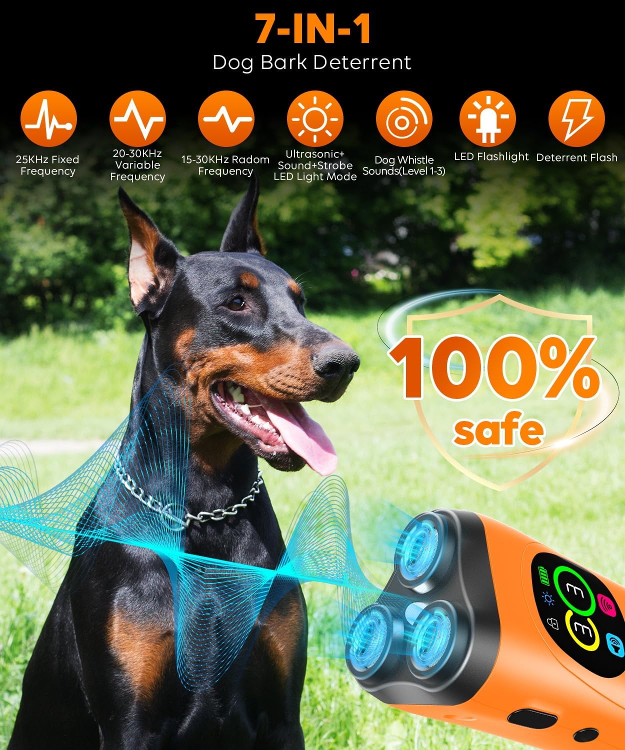 Dog Bark Deterrent Device,3X Ultrasonic Anti Barking with Color LCD Screen,7 Training Modes 35 FT Range Correct Bad Behavior Indoors Outdoors,Safe & Humane Rechargeable Bark Control for Dogs-Orange
