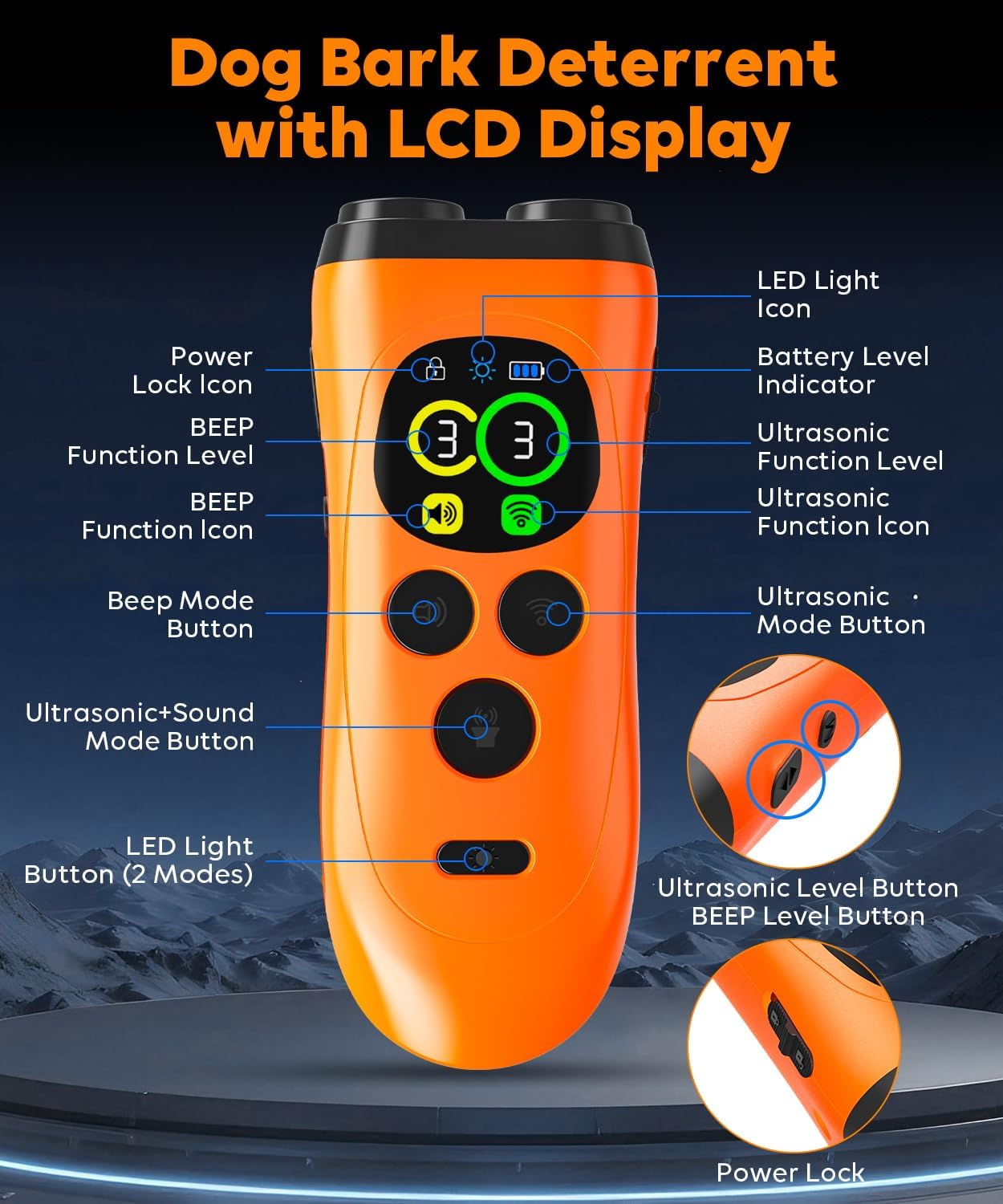 Dog Bark Deterrent Device,3X Ultrasonic Anti Barking with Color LCD Screen,7 Training Modes 35 FT Range Correct Bad Behavior Indoors Outdoors,Safe & Humane Rechargeable Bark Control for Dogs-Orange