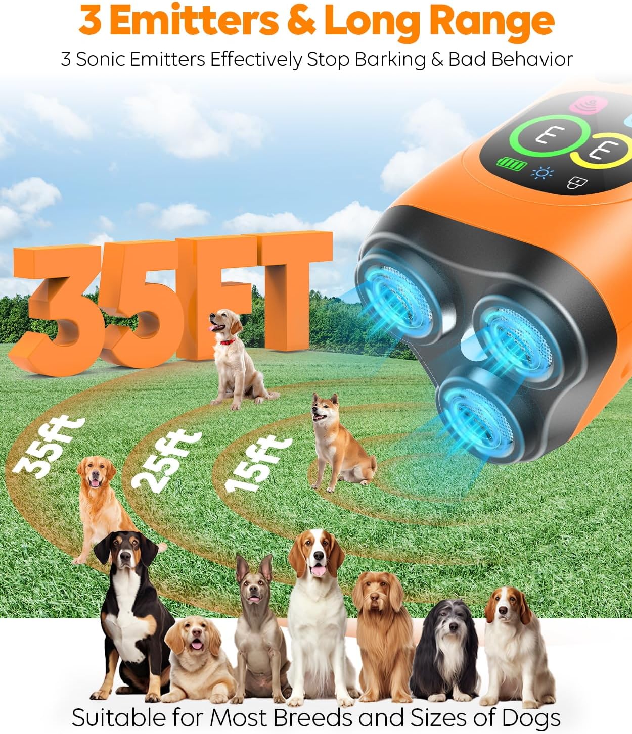 Dog Bark Deterrent Device,3X Ultrasonic Anti Barking with Color LCD Screen,7 Training Modes 35 FT Range Correct Bad Behavior Indoors Outdoors,Safe & Humane Rechargeable Bark Control for Dogs-Orange
