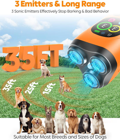Dog Bark Deterrent Device,3X Ultrasonic Anti Barking with Color LCD Screen,7 Training Modes 35 FT Range Correct Bad Behavior Indoors Outdoors,Safe & Humane Rechargeable Bark Control for Dogs-Orange